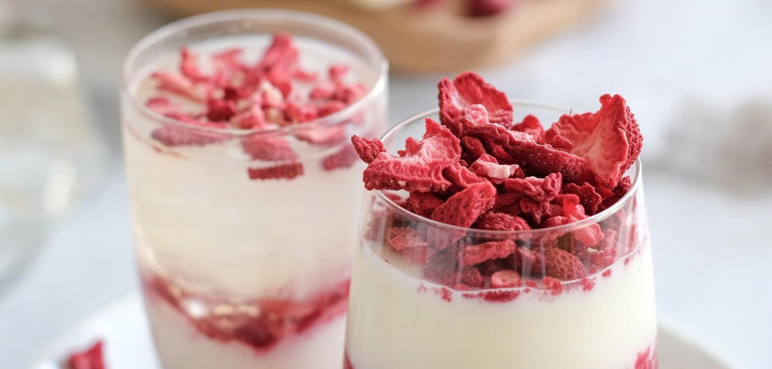 Gefriergetrocknete Erdbeeren als natürliche Deko für Desserts & Drinks