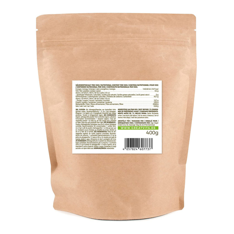 GreatVita Bio Ashwagandha Pulver rückseiten etikett