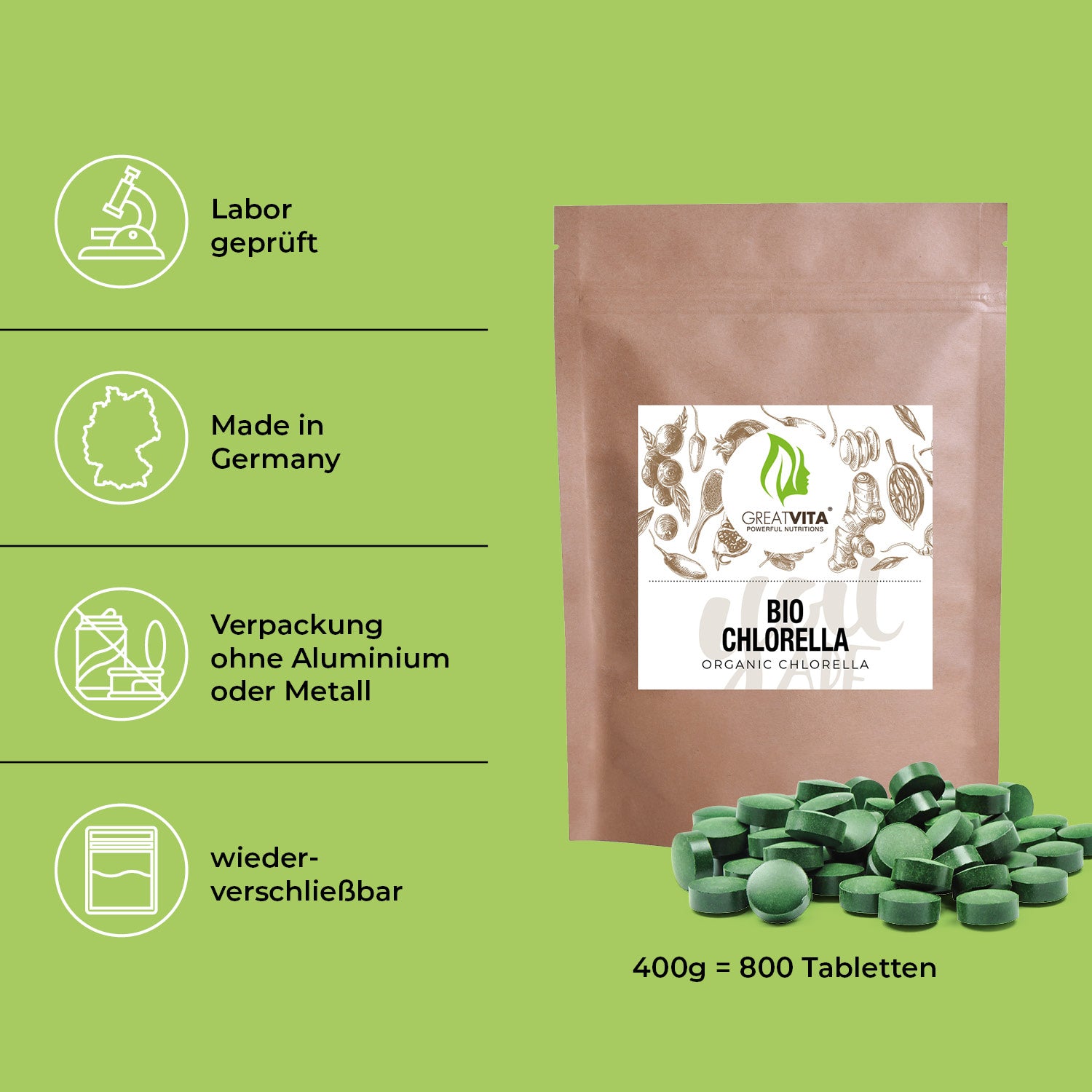 GreatVita Bio Chlorella Tabletten im Beutel merkmale