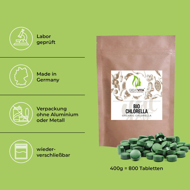GreatVita Bio Chlorella Tabletten im Beutel merkmale