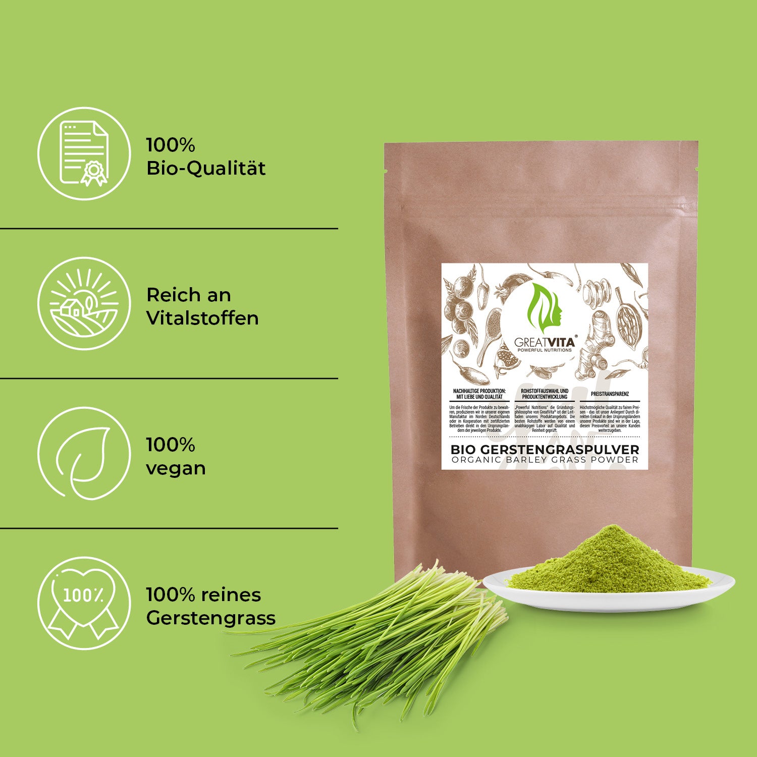 GreatVita Bio Gerstengras Pulver 400g merkmale