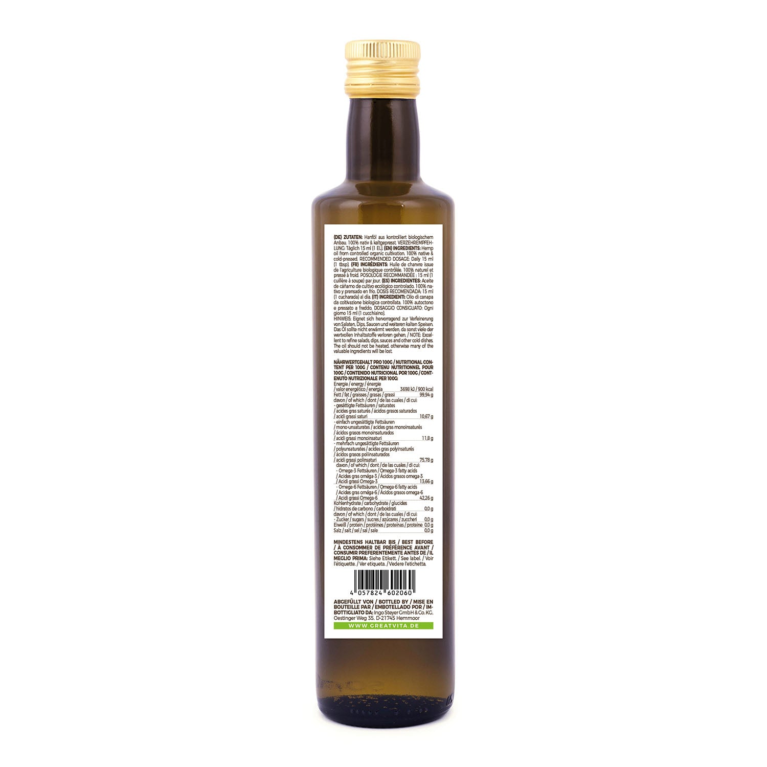 GreatVita Bio Hanfoel kaltgepresst und rein 500 ml rückseiten etikett