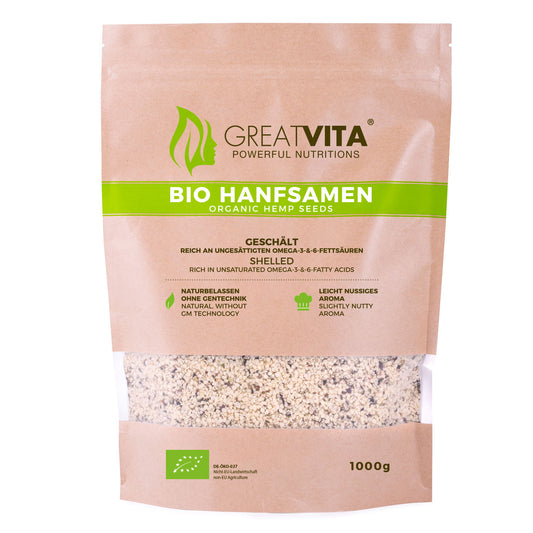Bio Hanfsamen geschaelt im Beutel