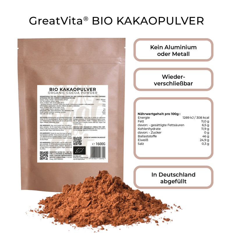 GreatVita Bio Kakaopulver Roh rückseiten etikett und naehrwerte