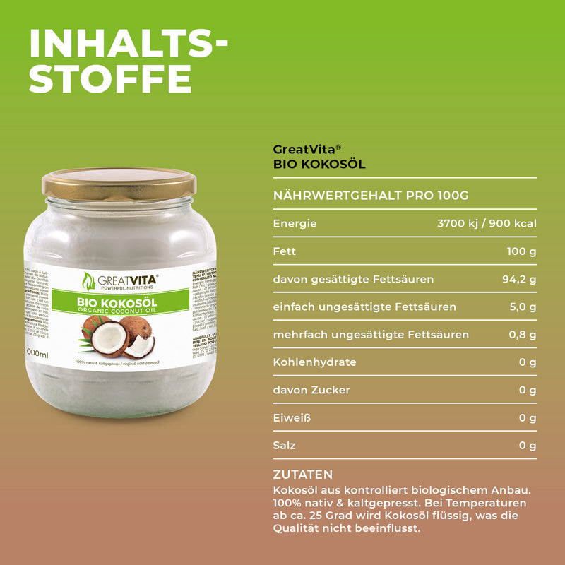 GreatVita Bio Kokosöl nativ &amp; kaltgepresst 1000 ml naehrwerte