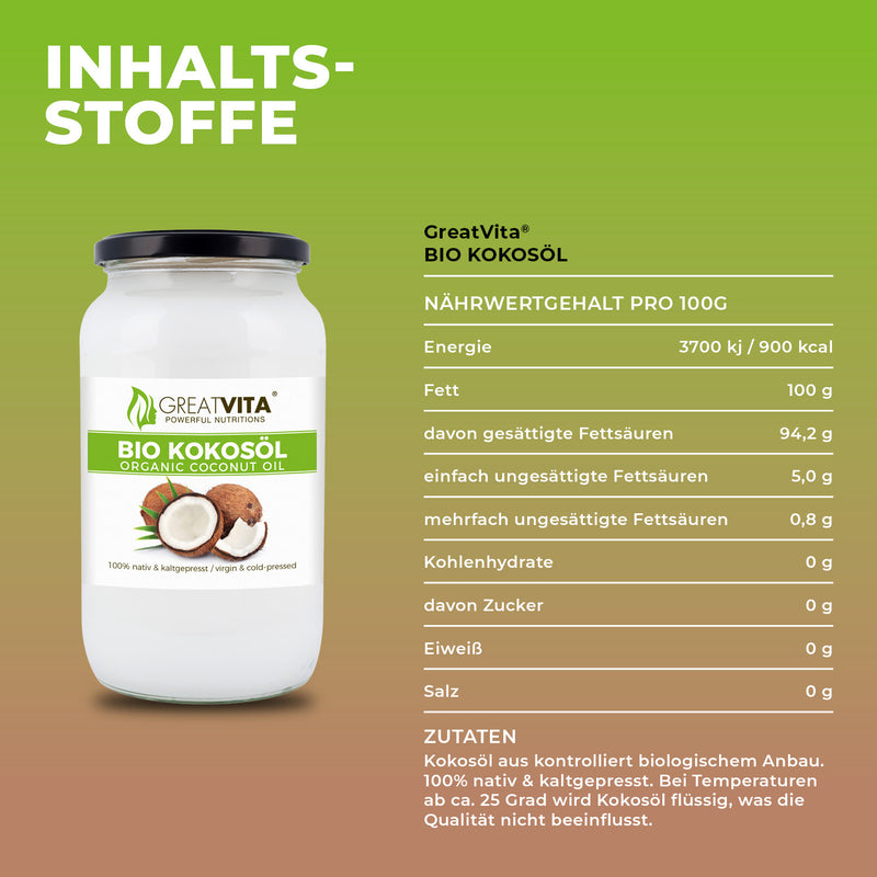 GreatVita Bio Kokosoel nativ und kaltgepresst 1000 ml naehrwerte