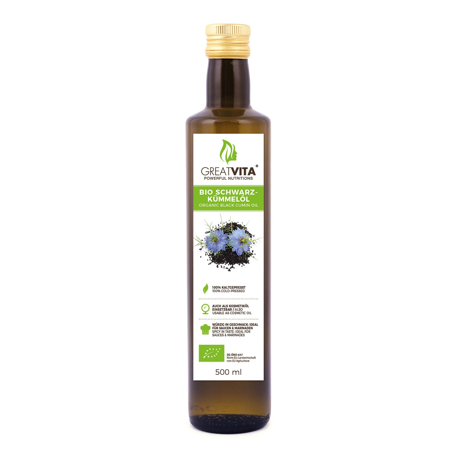 GreatVita Bio Schwarzkümmelöl 500 ml in Flasche